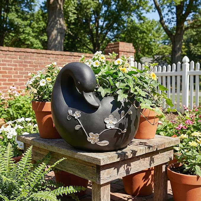 Swan Flower Pot - Unique Resin Sculpture, Enchanting Decorative Garden Planter, Elegant Swan Vase for Succulents & Air Plants, Indoor/Outdoor Use, Durable & Whimsical Design (Black)