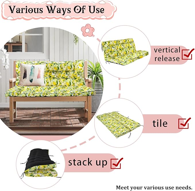 2-3 Seat Swing Replacement Cushion, Outdoor Bench Cushions with Backrest Thicken 4", Patio Furniture Garden Porch Loveseat Glider Pad Anti-Fading Waterproof (Yellow bell flower, 40x63in-thicken)
