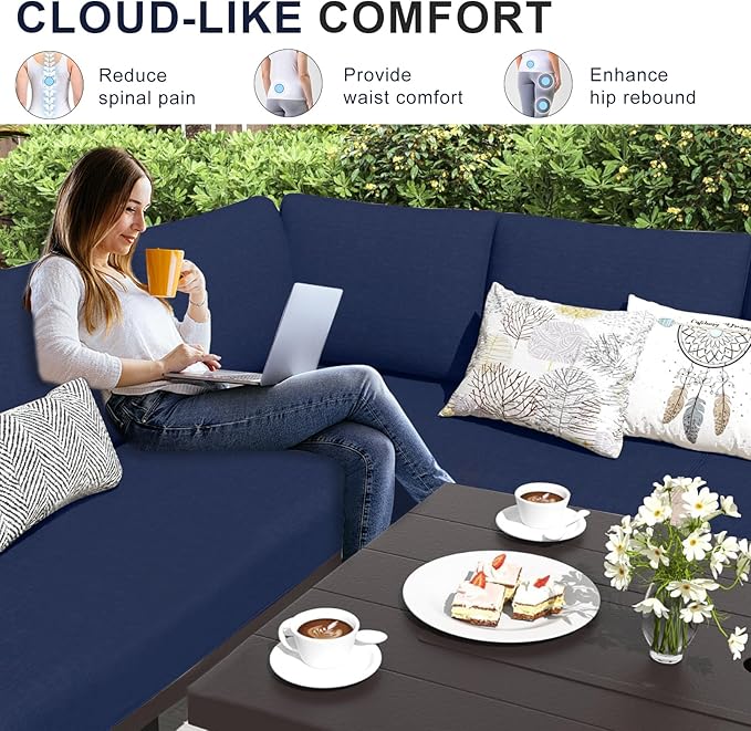 Patio Sectional Cushions, 14-Piece Replacement Cushions for Outdoor Furniture, Water-Resistant Outdoor Sofa Cushion for 6-Seat Rattan Wicker Sectional Conversation Sets (Navy Blue111)