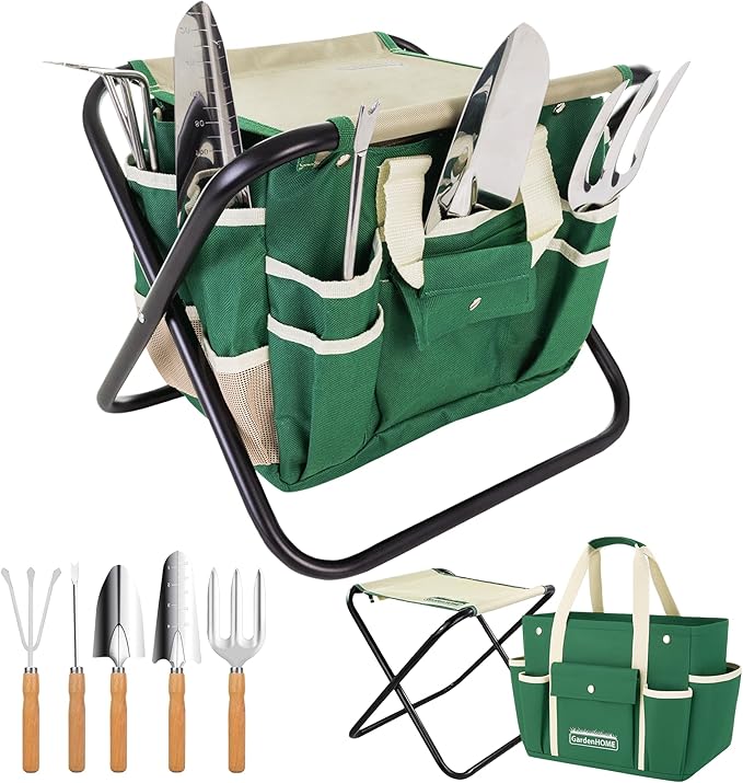 GardenHOME 7-Piece Green Gardening Tool Set – Stainless Steel Tools with Wooden Handles, Folding Stool & Canvas Tote, Durable Garden Kit for Women and Beginners