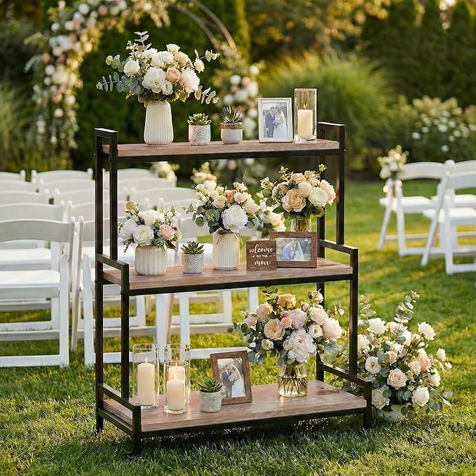 Flower Cart Display Stand with Wheels - Solid Wooden Plant Stand Shelf Outdoor - 3 Tier Patio Rolling Flower Stand - Ladder Folwer Holder Stand 37''x31'' for Florist, Garden, Wedding, Living Room, Cement Color