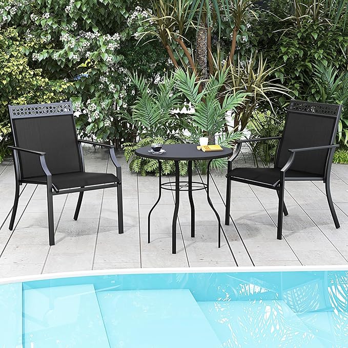 Giantex Patio Chairs Set of 4, Outdoor Chairs with All Weather Fabric, High Backrest, Armrests, Heavy Duty Metal Armchair, Outside Dining Chairs for Porch Lawn Garden Yard Pool, Black