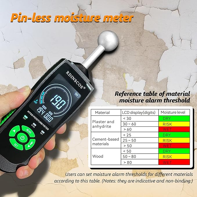 RDINSCOS Ball Probe Moisture Meter Non-Invasive Digital Moisture Detector with 40 mm Depth, Flashlight, LCD Display