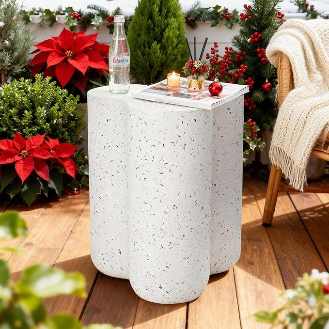 18” Side Table, Modern Outdoor Accent Table with Painted Faux Terrazzo-Look, Durable Lightweight Coffee Table Art Decor, Outside Garden Stool with Weatherproof MGO for Indoor Porch Garden