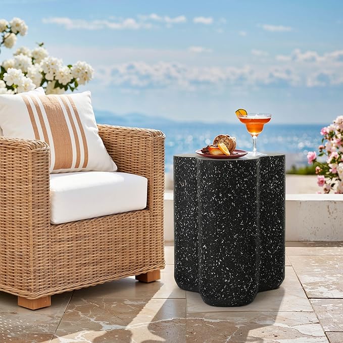 18" Modern Outdoor Side Table, Durable Lightweight MGO Faux Terrazzo Patio Accent Table, Black Coffee Table, 3-in-1 Weatherproof End Table Garden Stool for Garden, Balcony, Poolside Decor