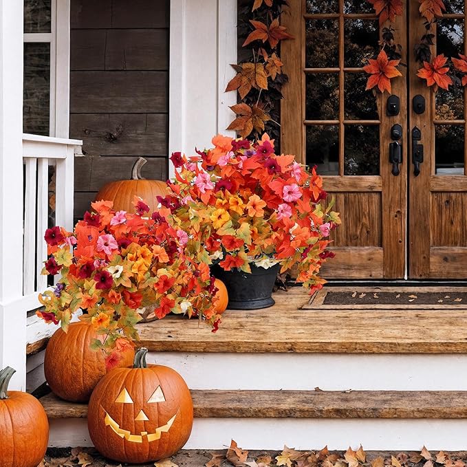 4PCS Artificial Fall Flowers Plants for Outdoor Decoration,Fall Silk Faux Flowers Petunias Planter for Garden Porch Yard Thanksgiving Day Harvest Festival Autumn Indoor Decor