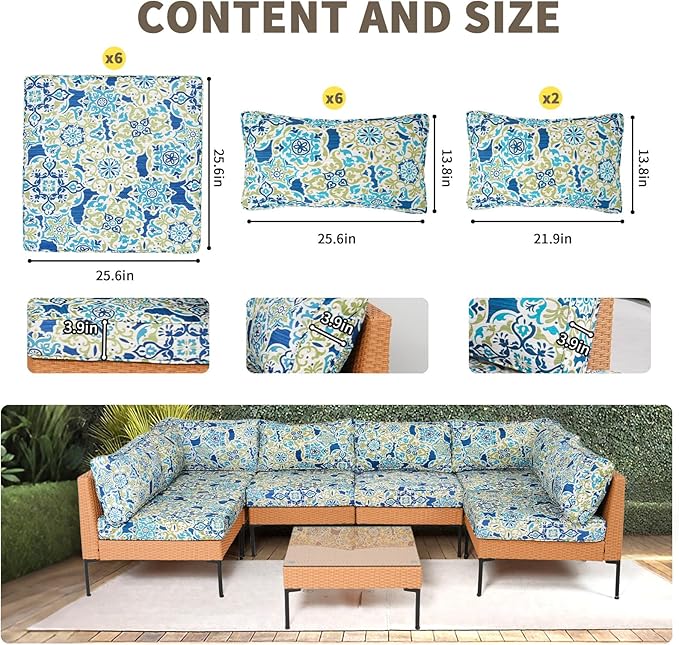 14Piece Outdoor Sofa Cushion Replacement, Patio Furniture Waterproof Cushion with Zippers, fit 6-Seat Outdoor Wicker Rattan Sectional Couch (Moroccan Dream, 25.6"x25.6"x3.9")