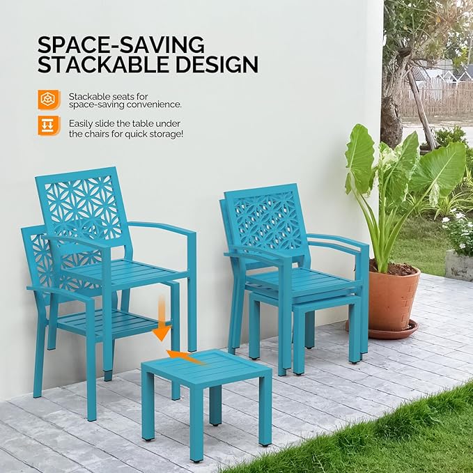 VINGLI 3-Piece Outdoor Bistro Set, Stackable Modern Metal Steel Table and Chairs with Rust-Resistant Coating, Small Patio Furniture Conversation Set for Porch, Deck, Balcony, Garden, Blue