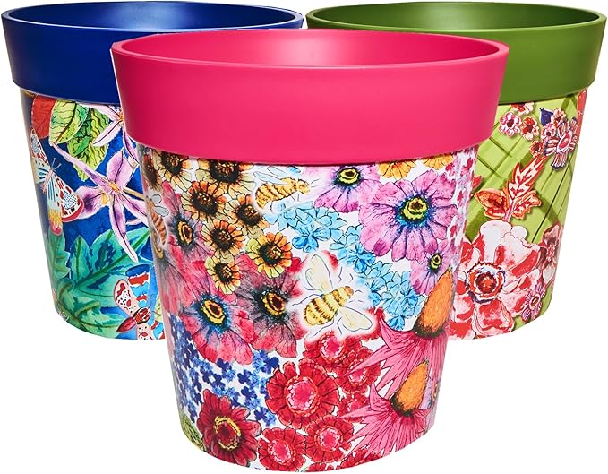 Hum Flowerpots, 10 inch Set of 3, Various Patterns Colors and Sizes, Indoor/Outdoor Plastic Plant Pots (Multi Floral)