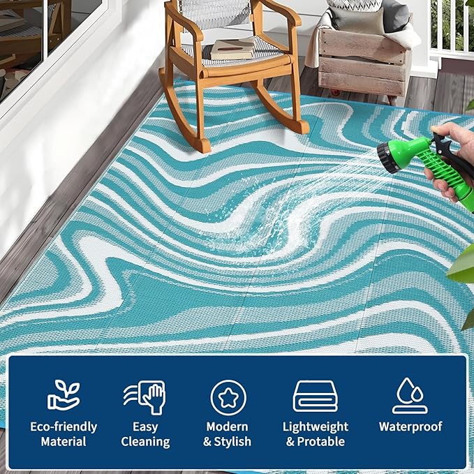 9x12 Outdoor Rug Waterproof Foldable Plastic Straw Carpet for Patio Porch Modern Abstarct Reversible Mat Lightweight Floor Mat for Picnic, Beach, Deck, Camper, Balcony，Lake Green/Light Blue