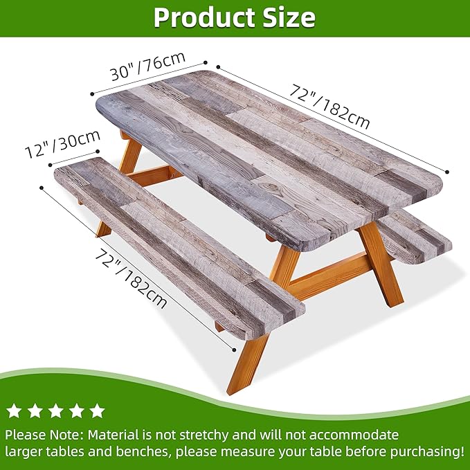 Picnic Table Cover with Bench Covers Farmhouse Waterproof Windproof Fitted Outdoor Tablecloth with Elastic Rectangle Table Cloth Camping Must Haves Rv Accessories,72x30 Inch (Wood )