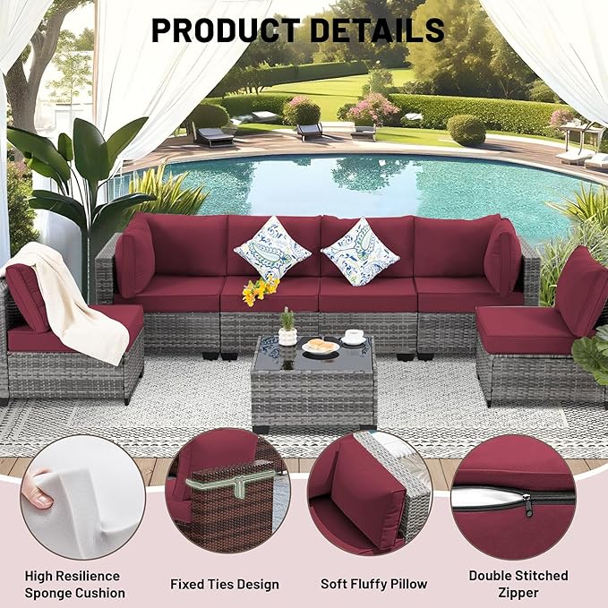 14 Piece Outdoor Sectional Cushions, Water-Resistant Outdoor Sofa Cushions Replacement, 4" High Density Foam Patio Furniture Cushions Fits 6-seat Rattan Conversation Set (Wine Red)