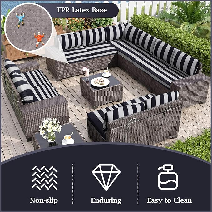 Outdoor Sectional Cushions, 4" Foam High-Density, Water-Resistant Couch Cushions Replacement Set, 14 Piece Patio Sectional Cushion for 6-Seat Sectional Patio Conversation Sets (Black white stripes)