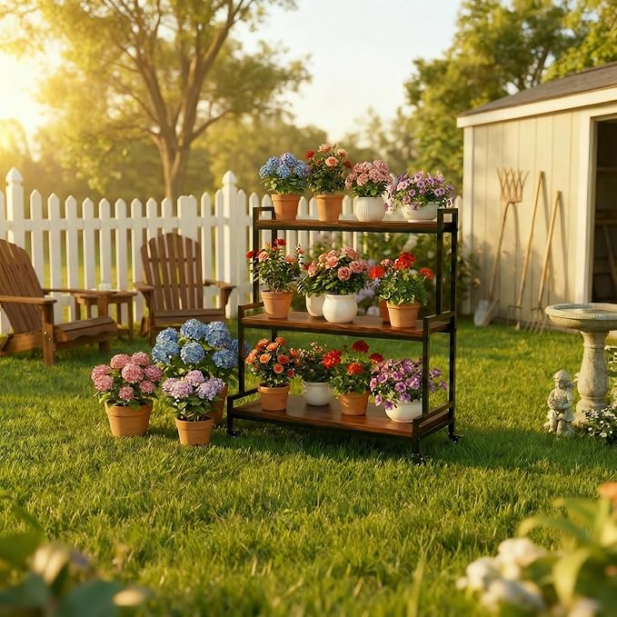 Flower Cart Display Stand with Wheels - Solid Wooden Plant Stand Shelf Outdoor - 3 Tier Patio Rolling Flower Stand - Ladder Folwer Holder Stand 37''x31'' for Florist, Garden, Wedding, Living Room, Walnut