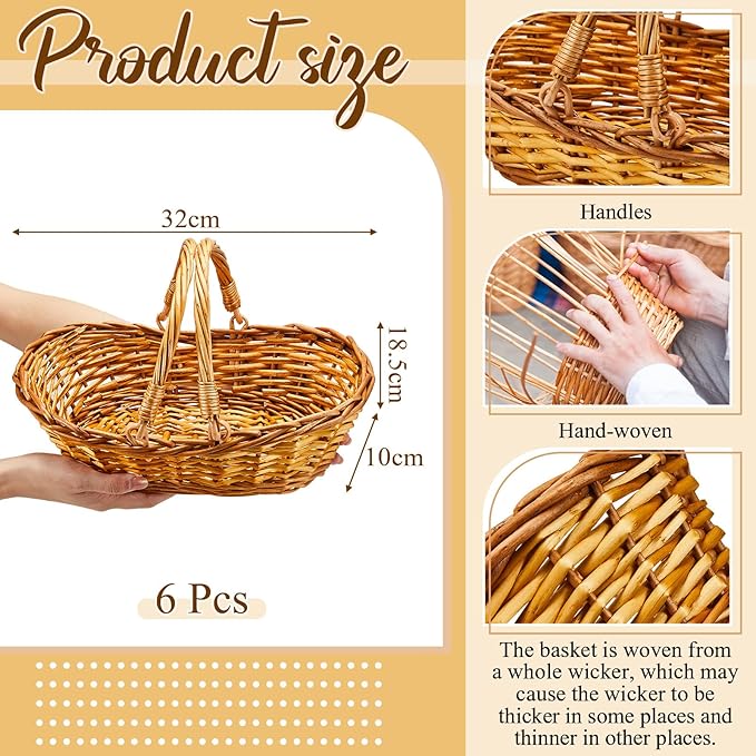Sintuff 6 Pcs Wicker Picnic Basket with Handle Garden Harvest Empty Easter Eggs and Candy Basket Oval Willow Woven Storage for Organizing, Fruit Egg Storage Gathering Wedding Gifts(Natural)