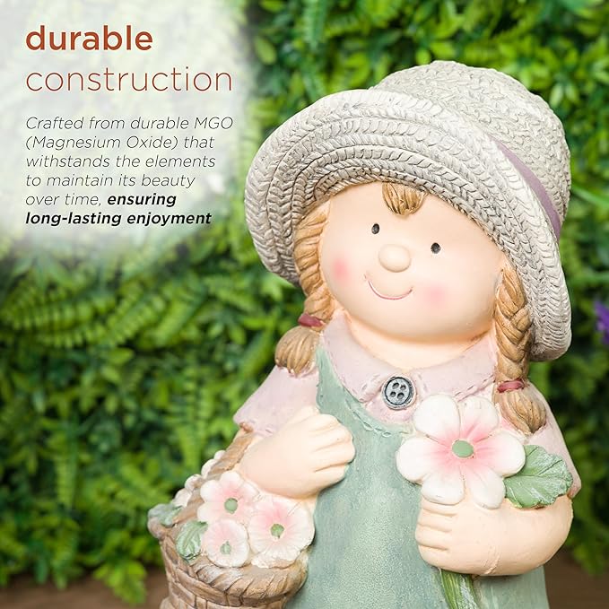 Alpine Corporation QWR1456 Indoor/Outdoor Little Girl with Flower Basket Garden Statue, Playful Child Statue for Yard, 15" H, Green