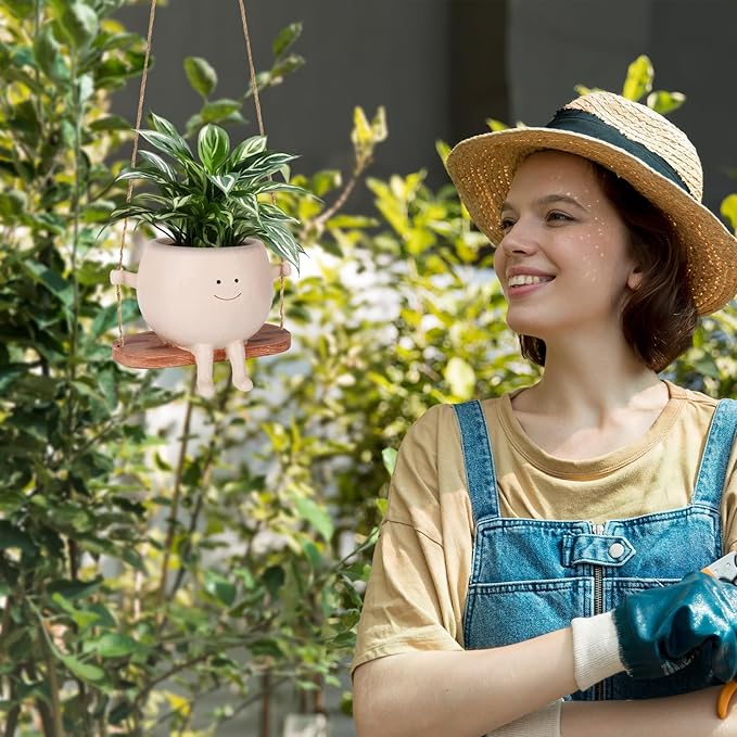Cute Smiley Face Hanging Planter Pot - Adorable Indoor/Outdoor Flower Plant Holder with Drainage Hole - Perfect for Home, Garden, Office Decor
