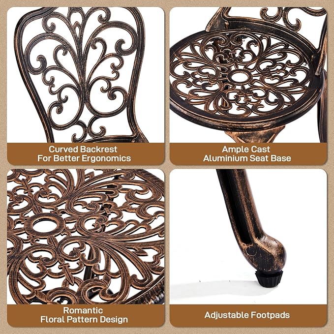Outvita Patio Table and Chairs Set, Cast Aluminum Outdoor Cafe Table and Chairs Set of 3, Stability Patio Bistro Sets with Umbrella Hole for Garden, Patio, Balcony, Butterfly Pattern Bronze