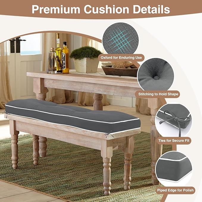 Favoyard Indoor/Outdoor Bench Cushion 36 x 14 Inch Waterproof & 3-Year Fade-Resistant Patio Furniture Cushions for Garden Porch Swing Chair Tufted Pad for Sofa Couch Seat with Ties, Dark Grey