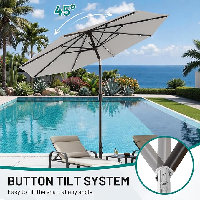 AreShark 9FT Patio Umbrella with Solar Lights, 32 LED Lighted Pool Umbrella w/Tilt and Crank, Outdoor Market Solar Umbrellas for Garden, Deck, Backyard, Pool and Beach, Light Gray