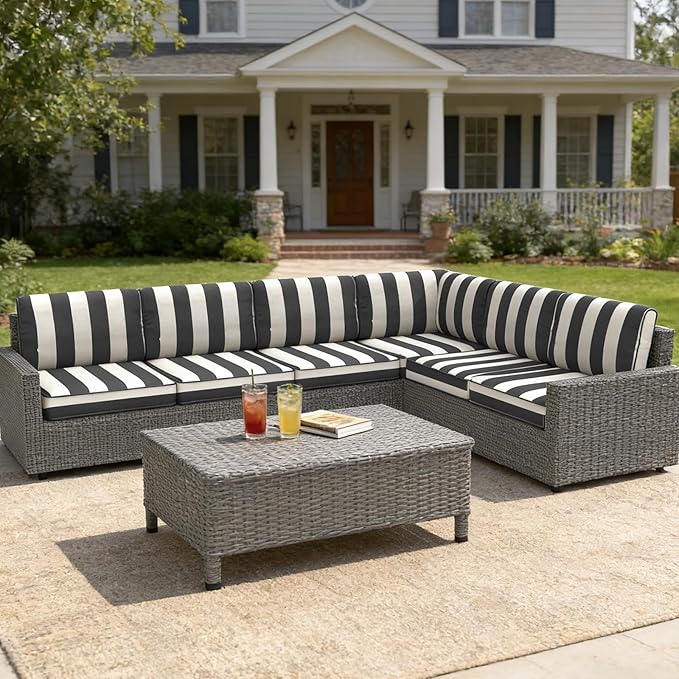 14 Pcs Outdoor Replacement Cushions for Patio Furniture, All Weather Water Resistant Cushion for 6 Seat Rattan Wicker Sectional Patio Conversation Sets and Couch (Blackstripe)