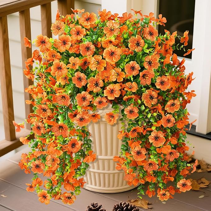 Artificial Hanging Flowers Plants for Outdoor Fall Decoration, 2PCS Faux Silk Daisy UV Resistant Look Real for Outside Home Indoor Planter Porch Garden Yard Autumn Decor(Orange)