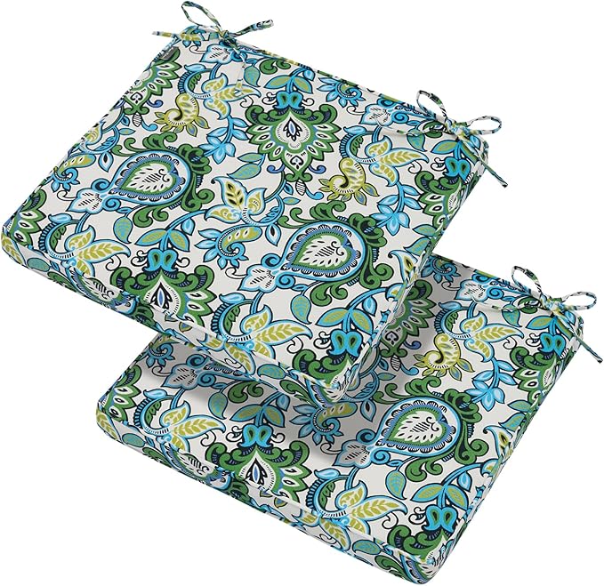 Magpie Fabrics Indoor Outdoor Waterproof Square Chair Cushion, 18" x 18" x 2.5", 2 Pack, Water Resistant Seat Cushions, for Patio Garden Office, Phoenix Blue Green