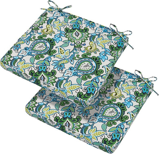 Magpie Fabrics Indoor Outdoor Waterproof Square Chair Cushion, 18" x 18" x 2.5", 2 Pack, Water Resistant Seat Cushions, for Patio Garden Office, Phoenix Blue Green