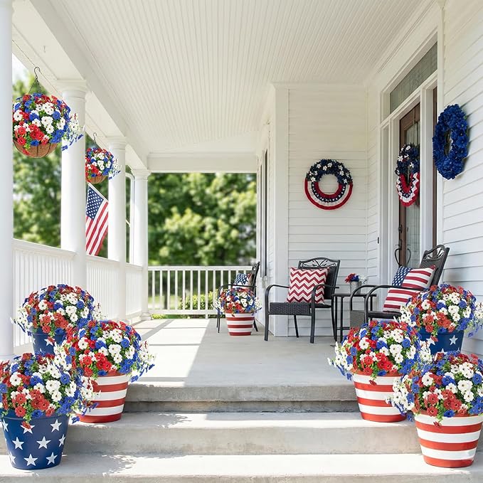 Hananona 2 Set Artificial Outdoor Flowers with Hanging Basket, 2 Hanging Planters with 24 Pcs Patriotic Flowers for Summer Front Porch Patio 4th ofJuly Decor (2, Red, White, Blue)