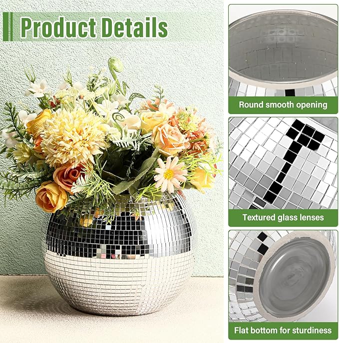 Inbagi 6 Pcs Disco Ball Planter Disco Ball Vase Centerpieces Mirror Glass Flower Vase Decor Candle Holder Bulk for Wedding Birthday Party Bedroom Kitchen Office(5.5 x 7 Inch,Silver)