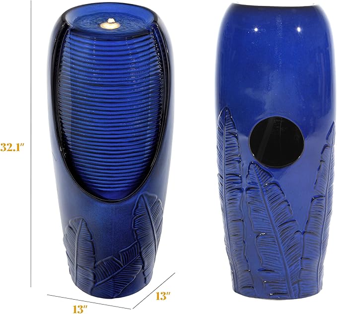 33" Cearmic Outdoor Fountain, Large Tall Jar Water Feature with Lights, Soothing Trickling Waterfalls for Garden Patio Yard Balcony or Porch, Cobalt Blue Glaze, 3D Tropical Leaf Patterns