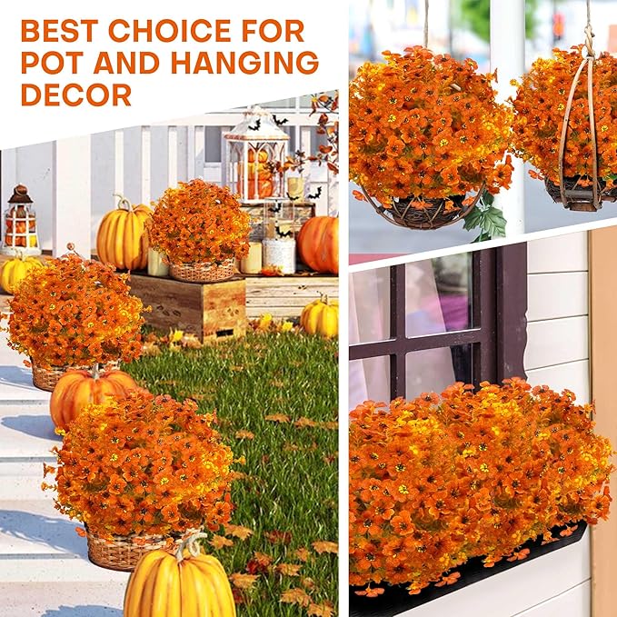 16 Bundles Artificial Mums for Outdoors Garden Home Decoration Fake Mums UV Resistant Fake Mums Silk Faux Flower Plastic Plants for Outside No Fade Fall Decor for Front Porch Pot Decor