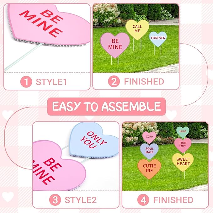 12 Pcs Valentine's Day Planter Stakes for Outdoor Valentine's Yard Decorations Conversation Heart Shaped Yard Signs Decorative Heart Garden Stakes for Outside Lawn Patio Porch Pot Decor