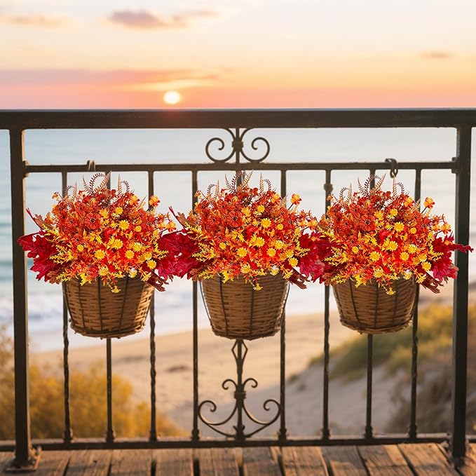 Fall Flowers Artificial for Thanksgiving Decoration, 13 Bundles, Artificial Mums for Outdoors, Fake Fall Plants, Faux Mums for Outdoor Planters, Indoor Porch Garden Home Decor（Autumn Twilight)