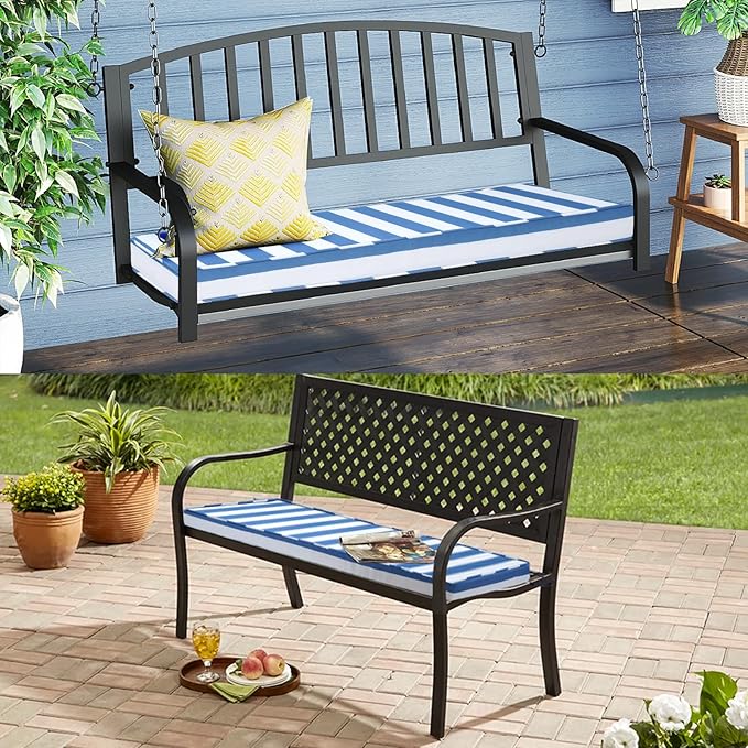 Outdoor Bench Cushion 48x18x3 Inch with Ties, Thick Waterproof Porch Swing Cushions for Patio Furniture Chair Pad, Seat Sofa Garden Replacement Cushion Sponge Filling (Blue&white Stripes, 48x18)