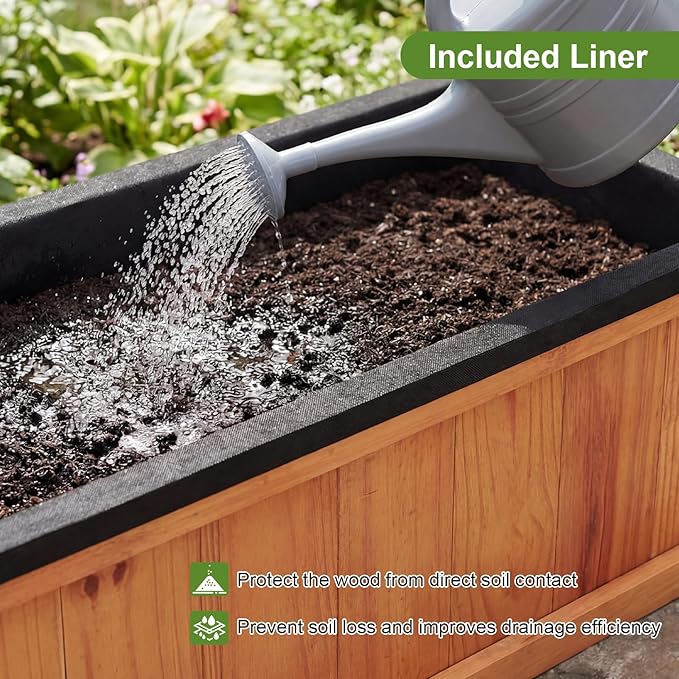 Giantex Outdoor Raised Garden Bed Set of 2, 28” x 10” x 10” Pine Wood Planter Box w/ 3 Drainage Holes, Removable Bottom & Bed Liner, Rectangular Flower Container for Vegetables Herbs, Indoor & Outdoor