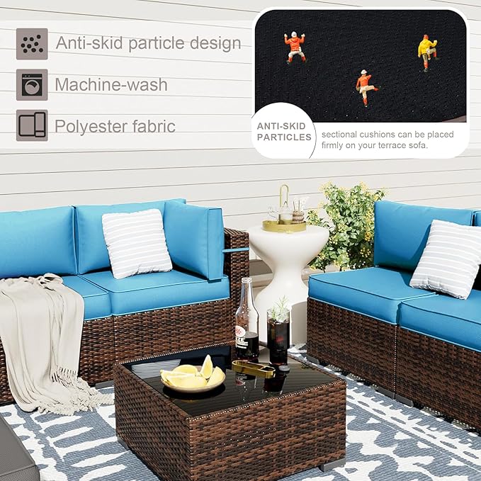 Patio Sectional Cushions, 14-Piece Replacement Cushions for Outdoor Furniture, Water-Resistant Outdoor Sofa Cushion for 6-Seat Rattan Wicker Sectional Conversation Sets (Sky Blue)
