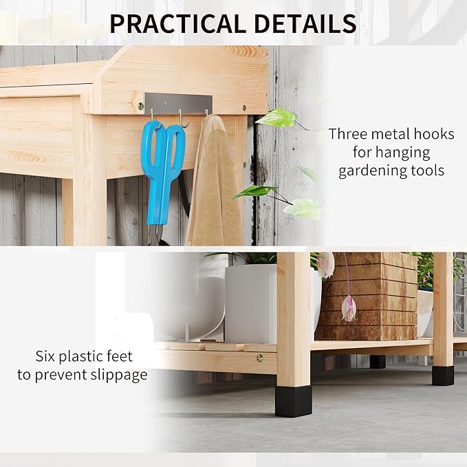 Outsunny Potting Bench Table, Outdoor Garden Table Wooden Work Station with Removable Sink, Faucet, Drawer, Shelves, Hooks, Natural Wood