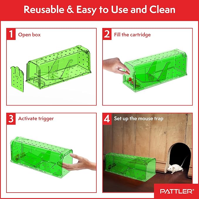 PATTLER® | Large Humane Mouse Trap for Indoor and Outdoor Home | Mechanical Reusable Live Mouse Traps Catch and Release Mice from Garden, Garage, Attic, Inn, Hotel | Green | Pack of 2