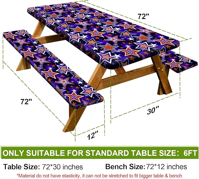 Picnic Table Cover with Bench Covers 6FT 3 Pcs Waterproof Windproof Aesthetic Camping Tablecloth with Drawstring Bag, Fitted for 6 Foot Rectangle Tables and Seats, 72 inch, Red Blue Stars