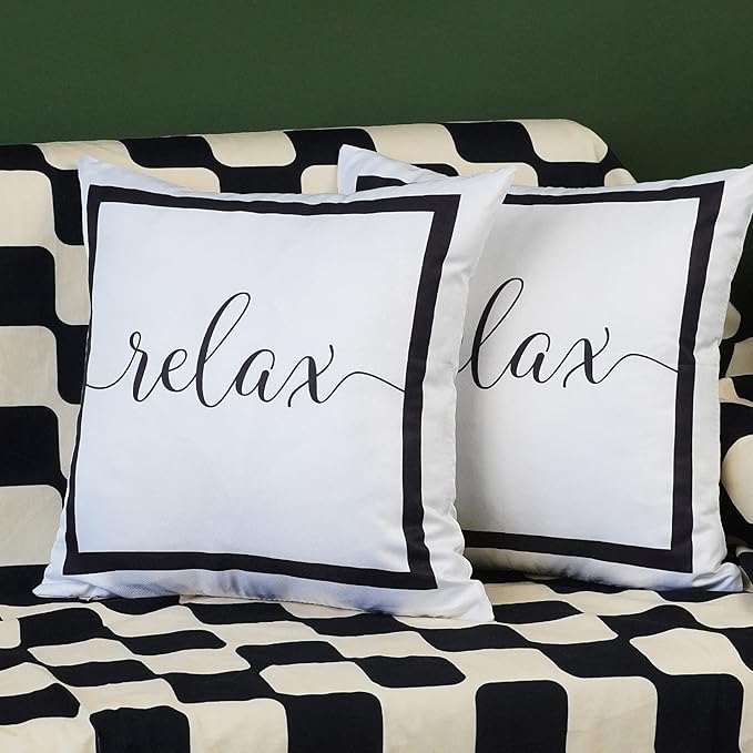 ONWAY Outdoor Waterproof Throw Pillow Covers 18x18 Set of 2 White and Black Relax Decorative Pillowcase for Patio Furniture Garden Couch Tent Balcony