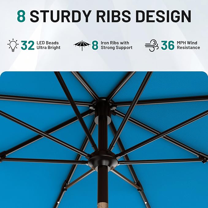 AreShark 9FT Patio Umbrella with Solar Lights, 32 LED Lighted Pool Umbrella w/Tilt and Crank, Outdoor Market Solar Umbrellas for Garden, Deck, Backyard, Pool and Beach, Royal Blue
