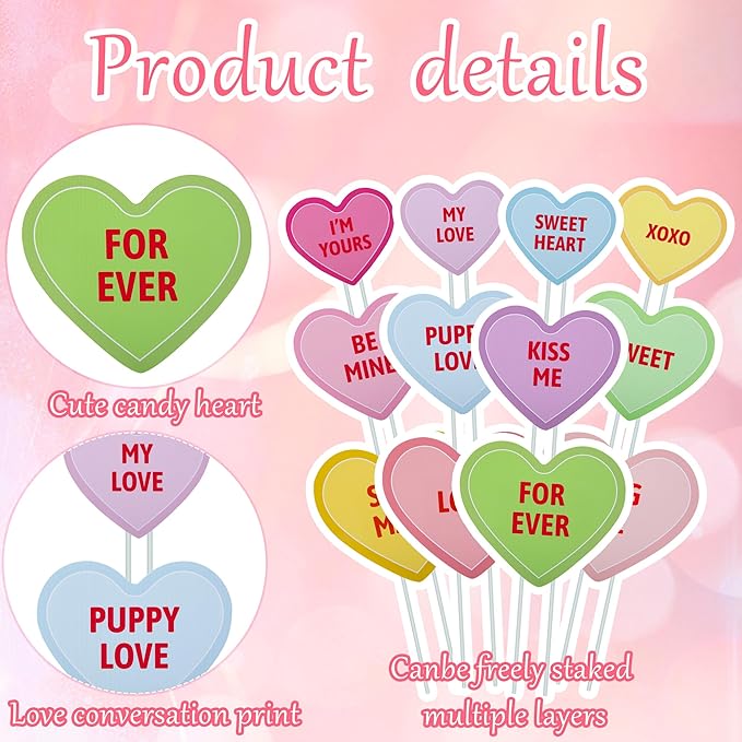 Iceyyyy 12Pcs Valentine's Day Conversation Planter Stakes, Mix Size Candy Heart Planter Stakes, Decorative Valentines Garden Planter Stake Sign for Home Anniversary Party Outdoor Lawn Decor
