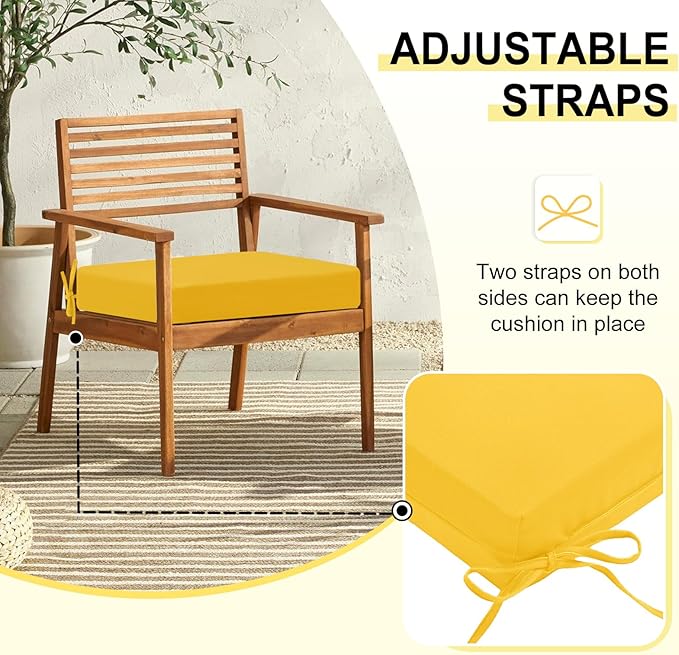 downluxe Outdoor Chair Cushions Set of 6 for Patio Furniture, Water-Resistant Square Corner Patio Chair Cushions with Ties, High Density Foam Outdoor Seat Cushion, 18.5" X 16" X 3", Yellow