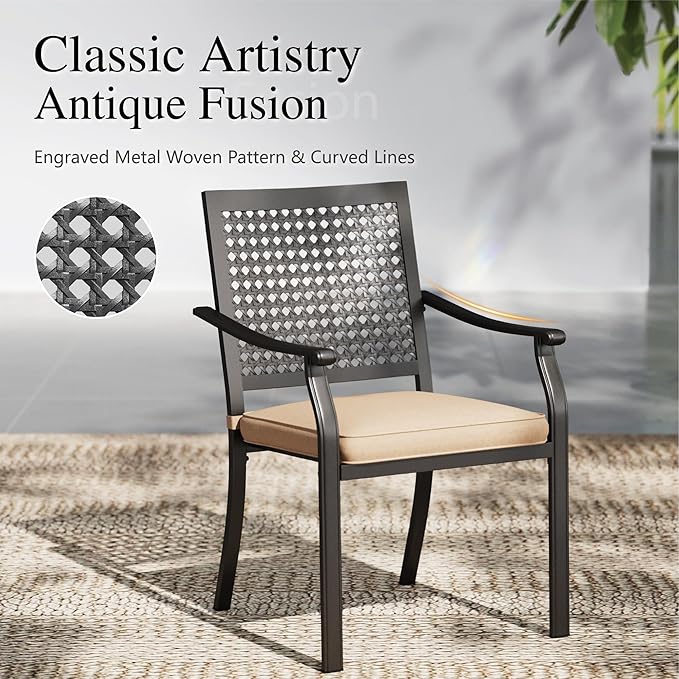PHI VILLA Metal Outdoor Dining Chairs Set of 6 - Stackable Black Patio Chairs, 300lb Capacity (Beehive)