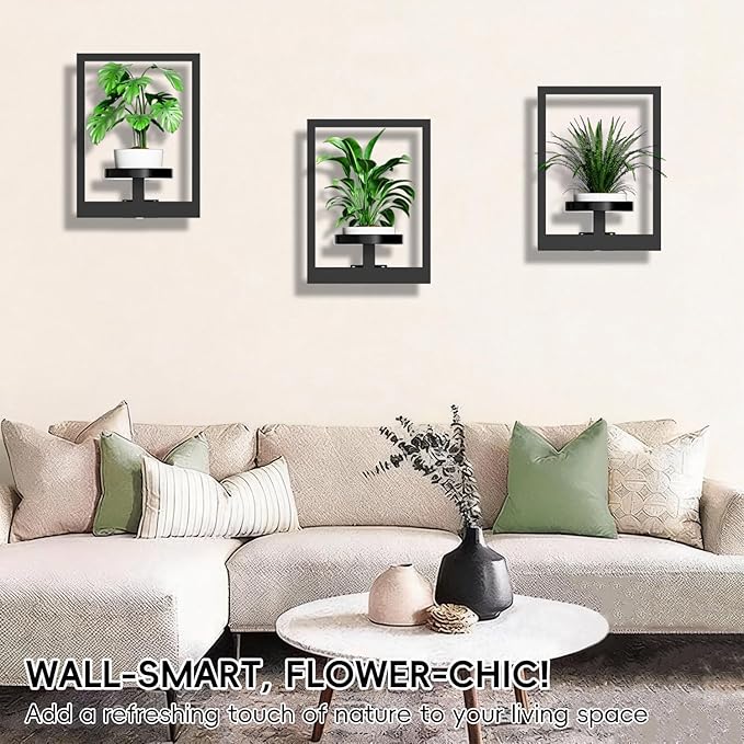 Hanging Planters for Indoor Plants - Decorative Plant Frame & Sturdy Metal Wall Decor, Space Saving Wall Plant Holder for Living Room, Bedroom, Balcony, Office (Square-Black, 2Pcs)