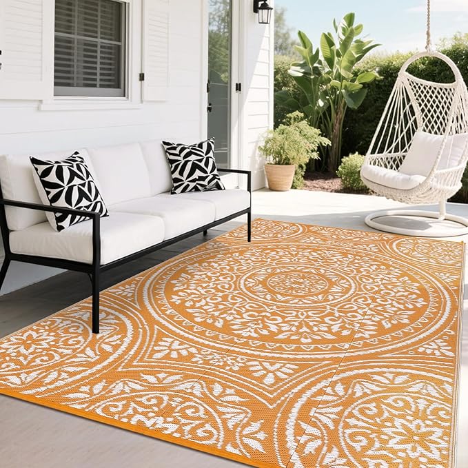 Outdoor Rug 8x10 Waterproof Patio Rugs Boho Floral Reversible Mat for Front Door Rv Foldable Plastic Straw Carpet for Travel Trailers, Deck, Picnic, Porch, Camper, Balcony, Beach，Orange