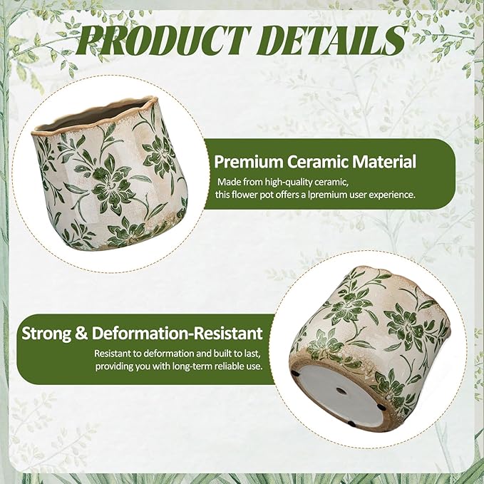Bokon 7 x 6.3 Inch Ceramic Planter Vintage Scroll Planter Decorative Plant Pots with Crackle Glaze for Indoor Outdoor, Kitchen, Table, Shelf, Mantel, Home, Garden Decor, Gardening Gift(Country)