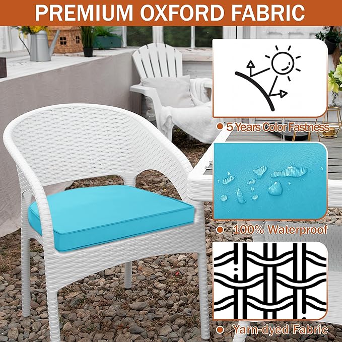 Outdoor Chair Cushions Set of 4 Water Resistant Patio Chair Cushions with Tie 3 Year Color Fastness Thick Outdoor Seat Cushion for Garden Lawn Round Corner Teal 17x16 Inch