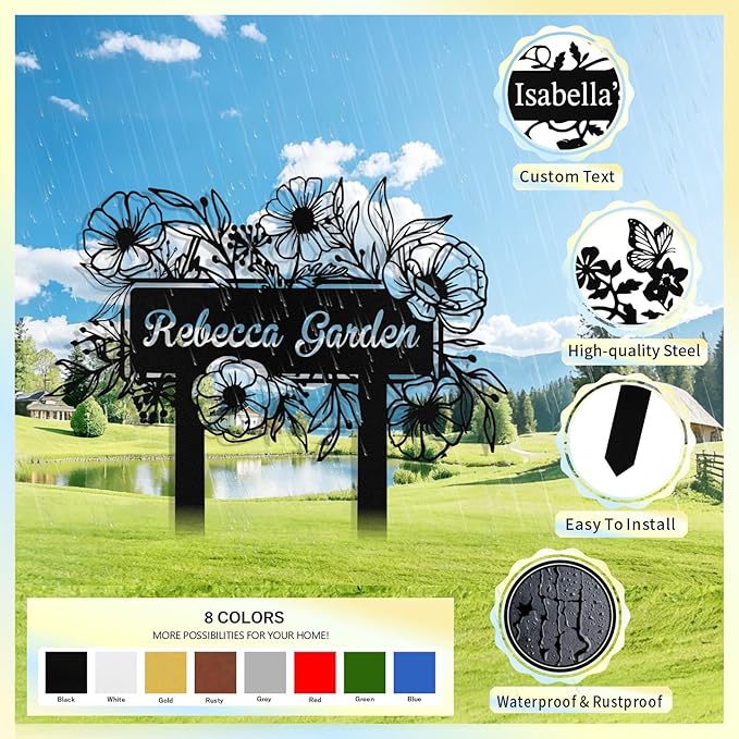 Custom Metal Flower Garden Sign with Stake, Personalized Garden Signs for Outside, Customized Garden Name Signs for Yard Lawn Outdoor Decor Gardening Gifts for Moms Grandmas Gardeners